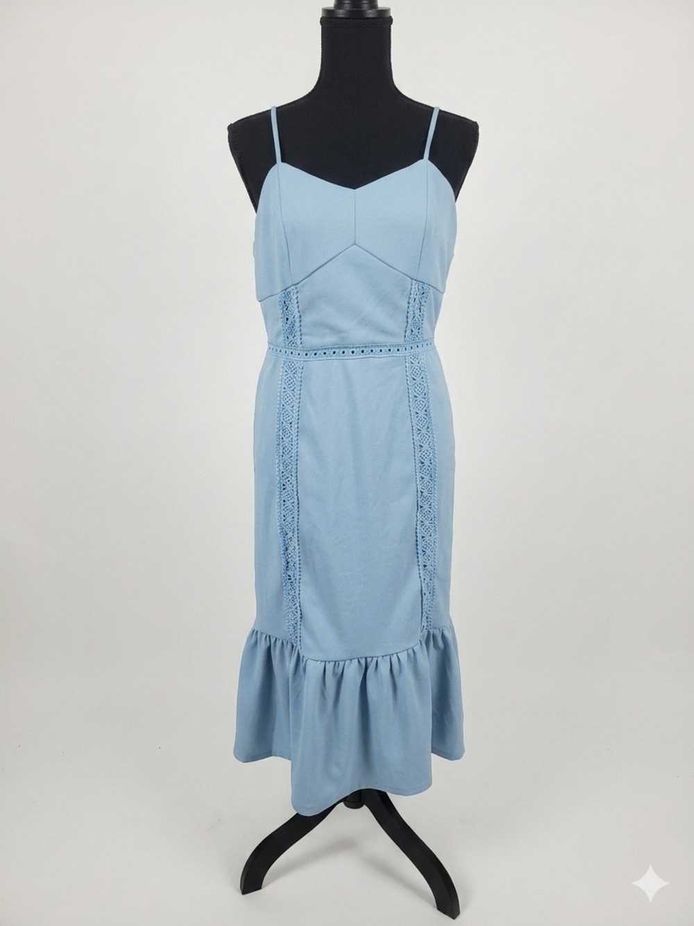 miami Sky Blue Lace-Trim Spaghetti Strap Midi Dress